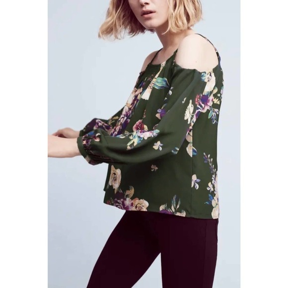 Maeve Tallie Open Shoulder Silk Blouse Size Medium Green Floral Anthropologie - Picture 3 of 10
